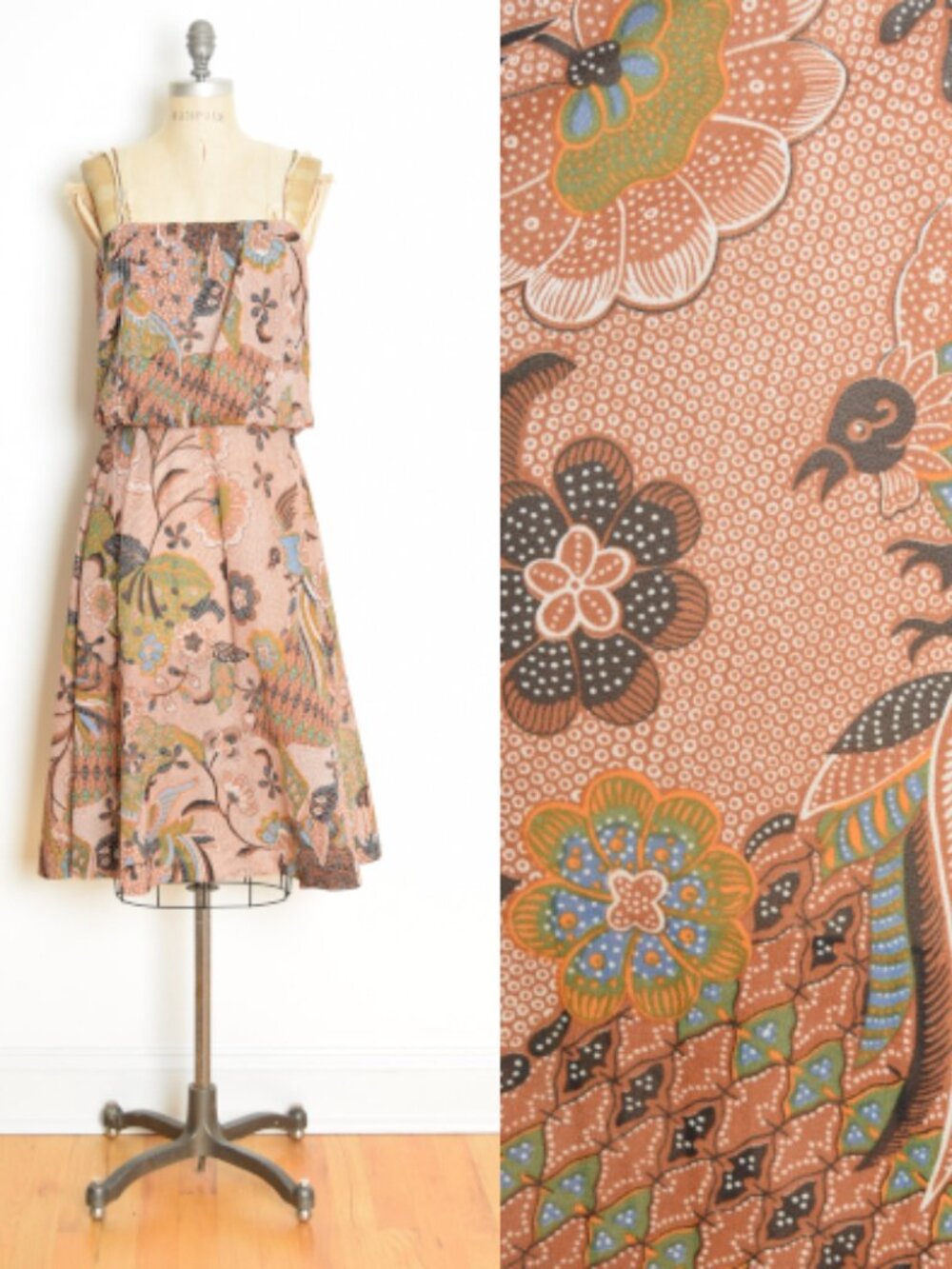 vintage 70s sun dress brown BIRD print boho hippie tropical floral midi XS